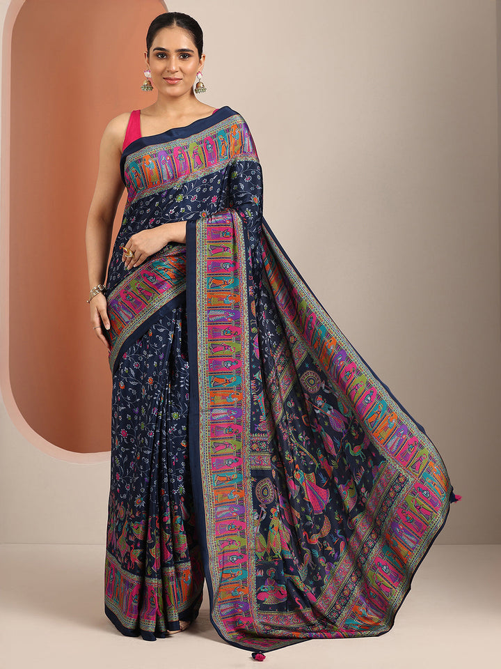 Navy Blue Printed Crepe Saree With Unstitched Blouse Piece