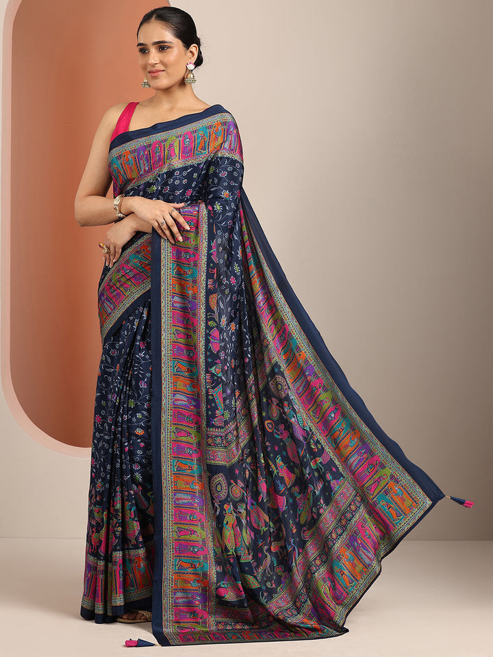 Navy Blue Printed Crepe Saree With Unstitched Blouse Piece