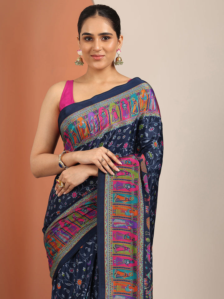 Navy Blue Printed Crepe Saree With Unstitched Blouse Piece