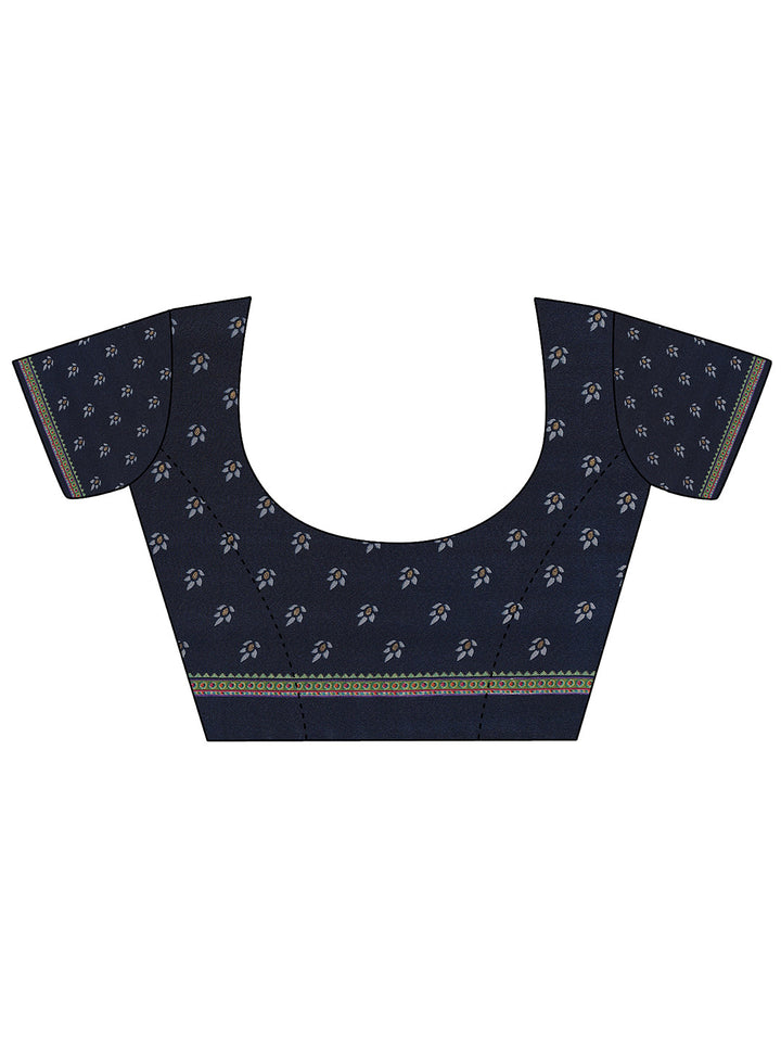 Navy Blue Printed Crepe Saree With Unstitched Blouse Piece