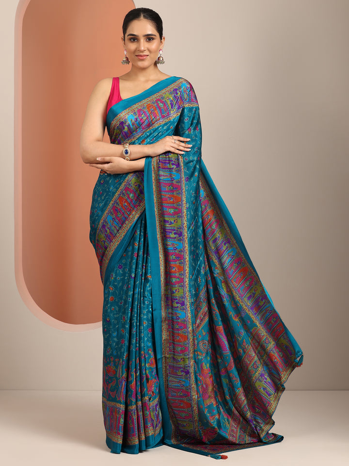 Blue Printed Crepe Saree With Unstitched Blouse Piece