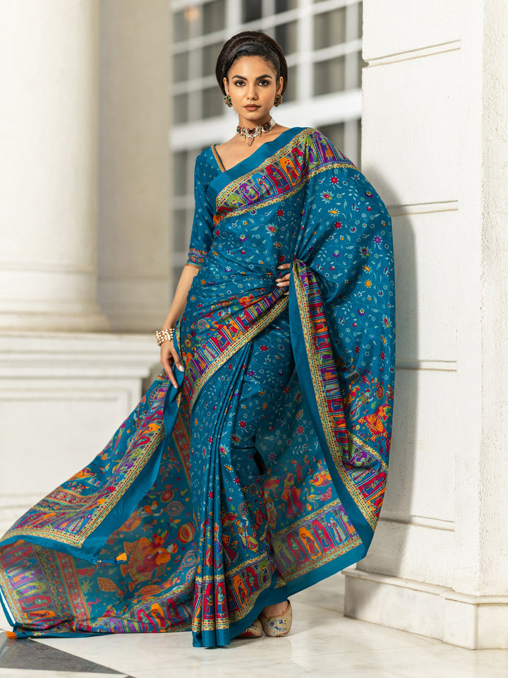 Blue Printed Crepe Saree With Unstitched Blouse Piece