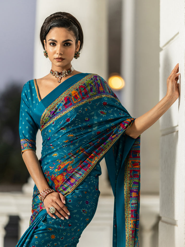 Blue Printed Crepe Saree With Unstitched Blouse Piece