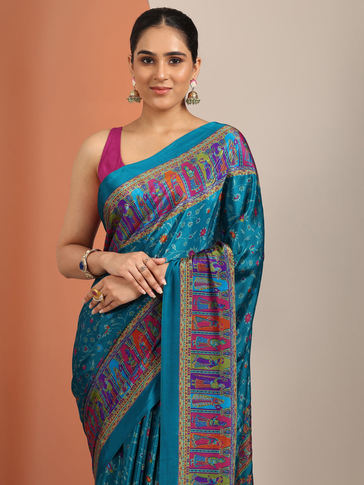 Blue Printed Crepe Saree With Unstitched Blouse Piece