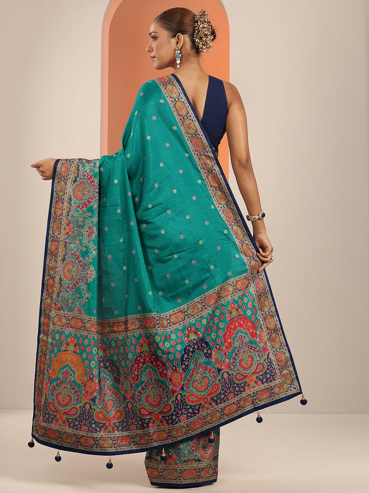 Teal Printed Silk Blend Saree With Unstitched Blouse Piece