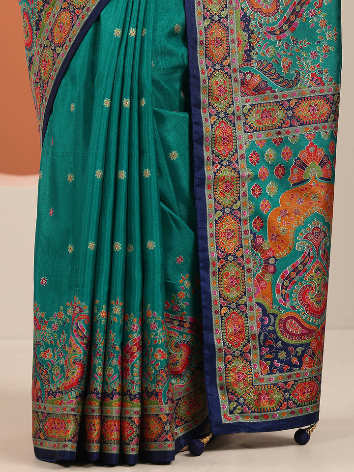 Teal Printed Silk Blend Saree With Unstitched Blouse Piece