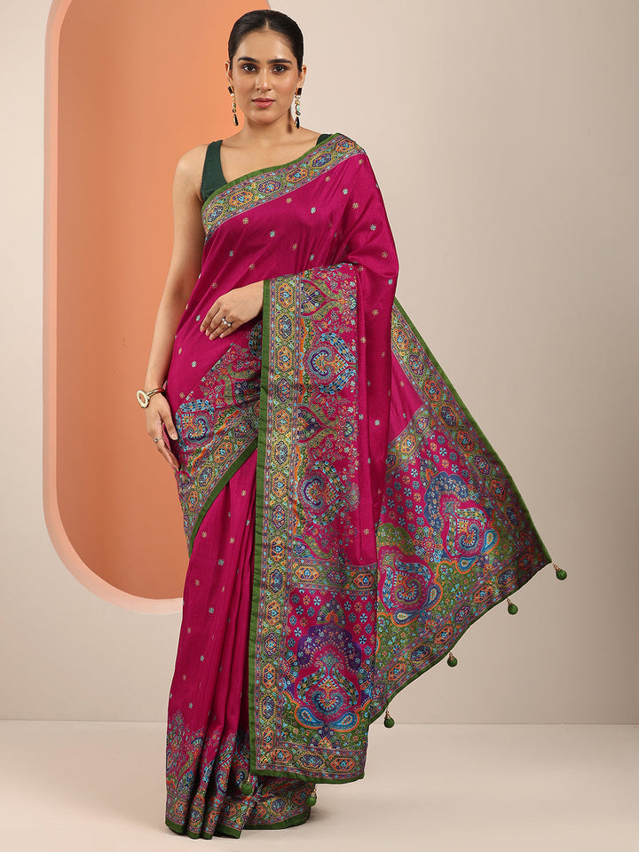 Magenta Printed Silk Blend Saree With Unstitched Blouse Piece