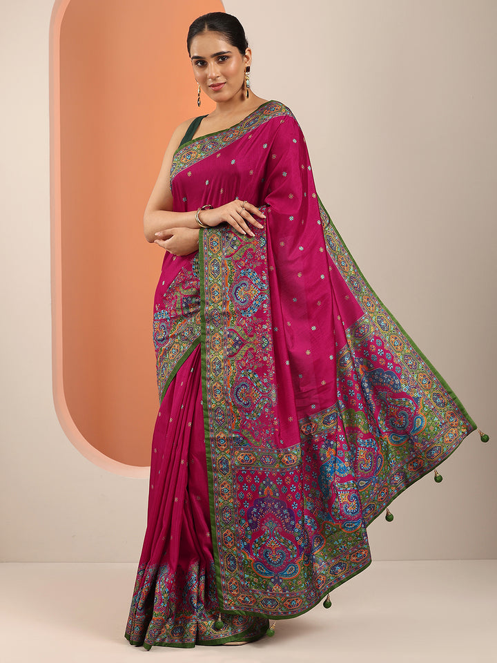 Magenta Printed Silk Blend Saree With Unstitched Blouse Piece