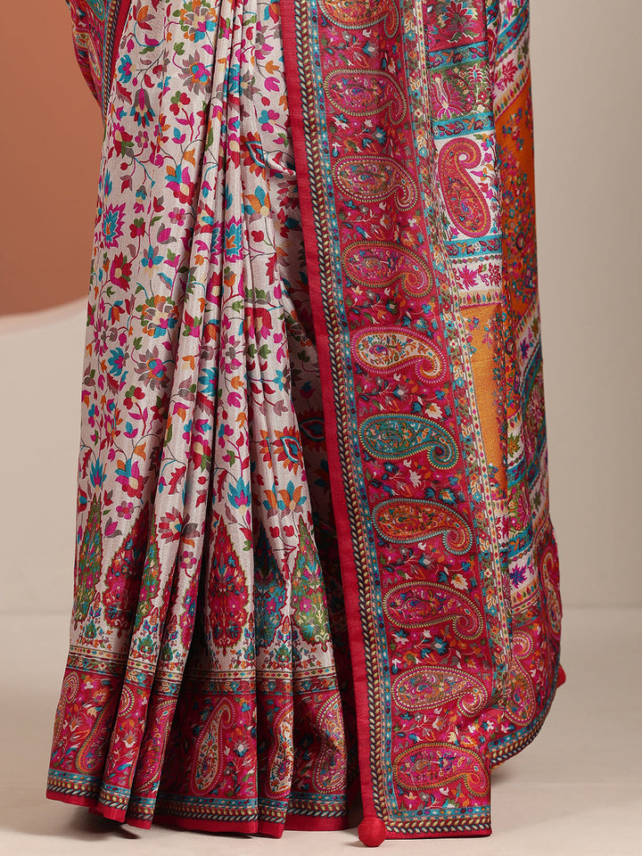 Multi Printed Silk Blend Saree With Unstitched Blouse Piece