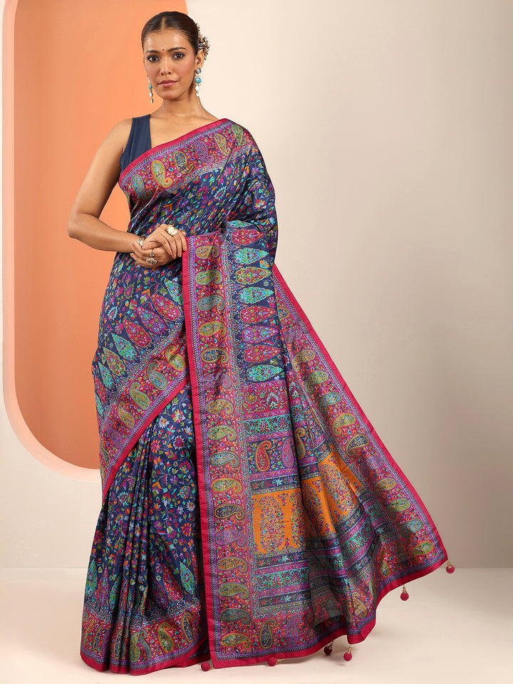 Navy Blue Printed Silk Blend Saree With Unstitched Blouse Piece