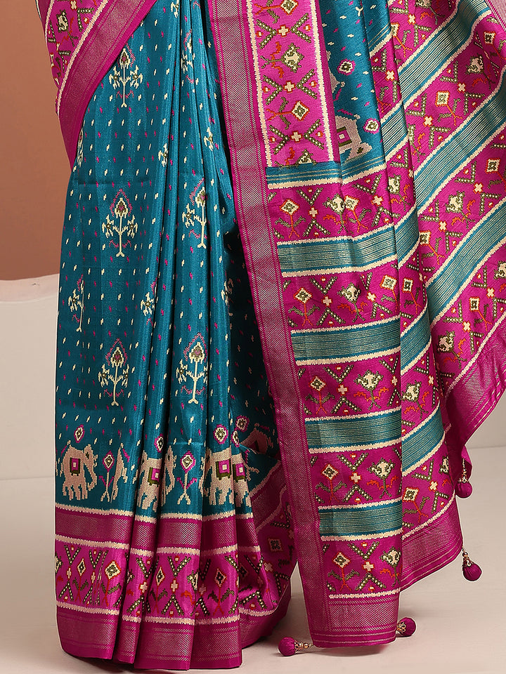 Blue Printed Silk Blend Saree With Unstitched Blouse Piece