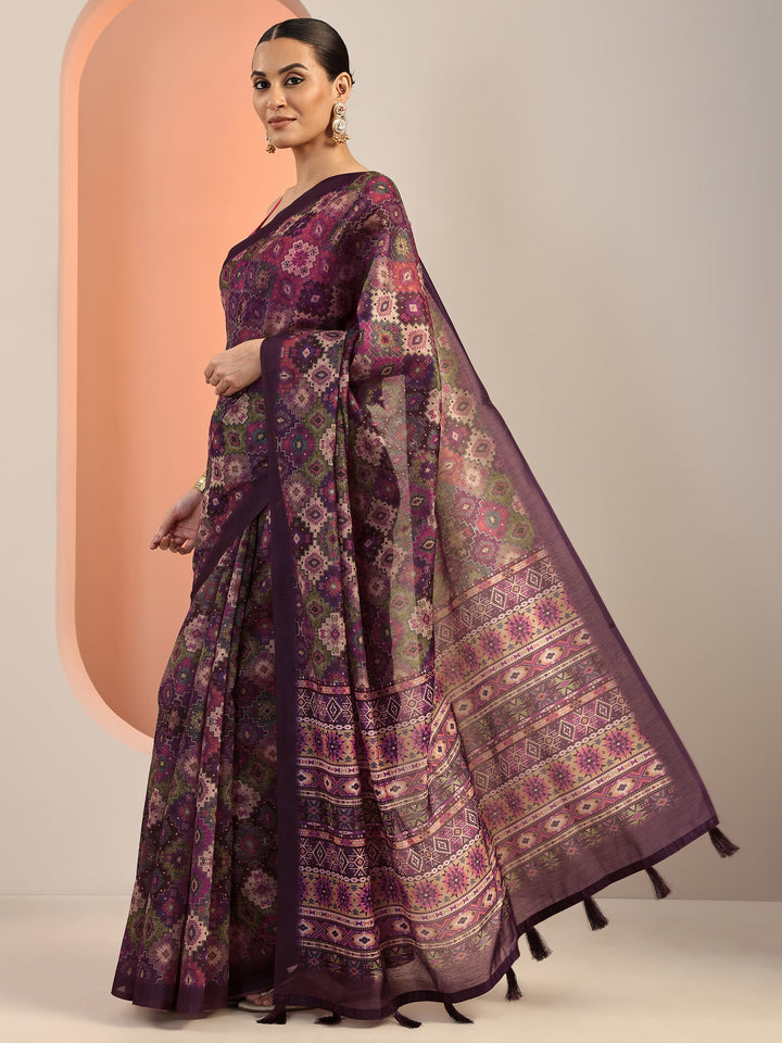 Multi Printed Silk Blend Saree With Unstitched Blouse Piece