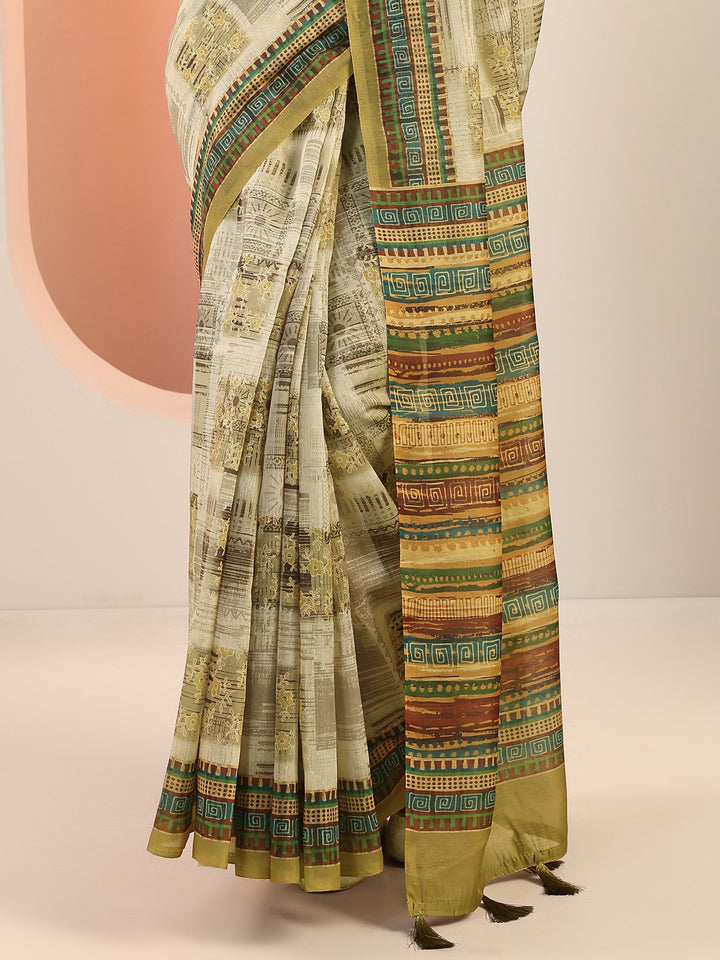 Olive Printed Silk Saree With Unstitched Blouse Piece