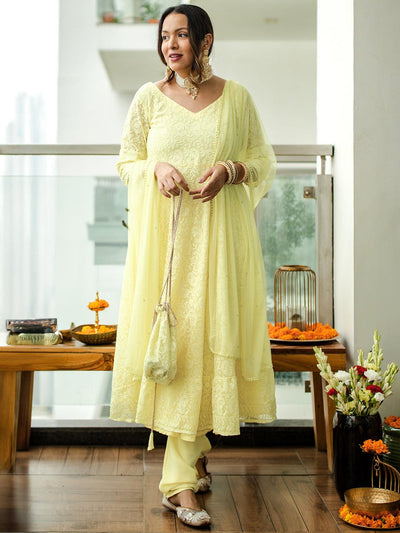 Yellow Embroidered Georgette Suit Set - ShopLibas