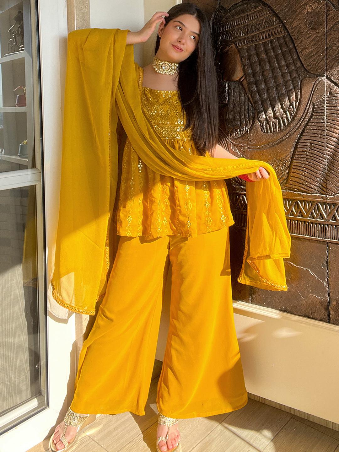 Mustard Embroidered Georgette Anarkali Kurta Set - ShopLibas
