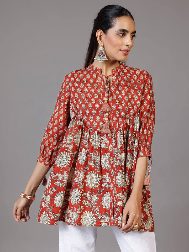 Rust Printed Cotton A-Line Kurti