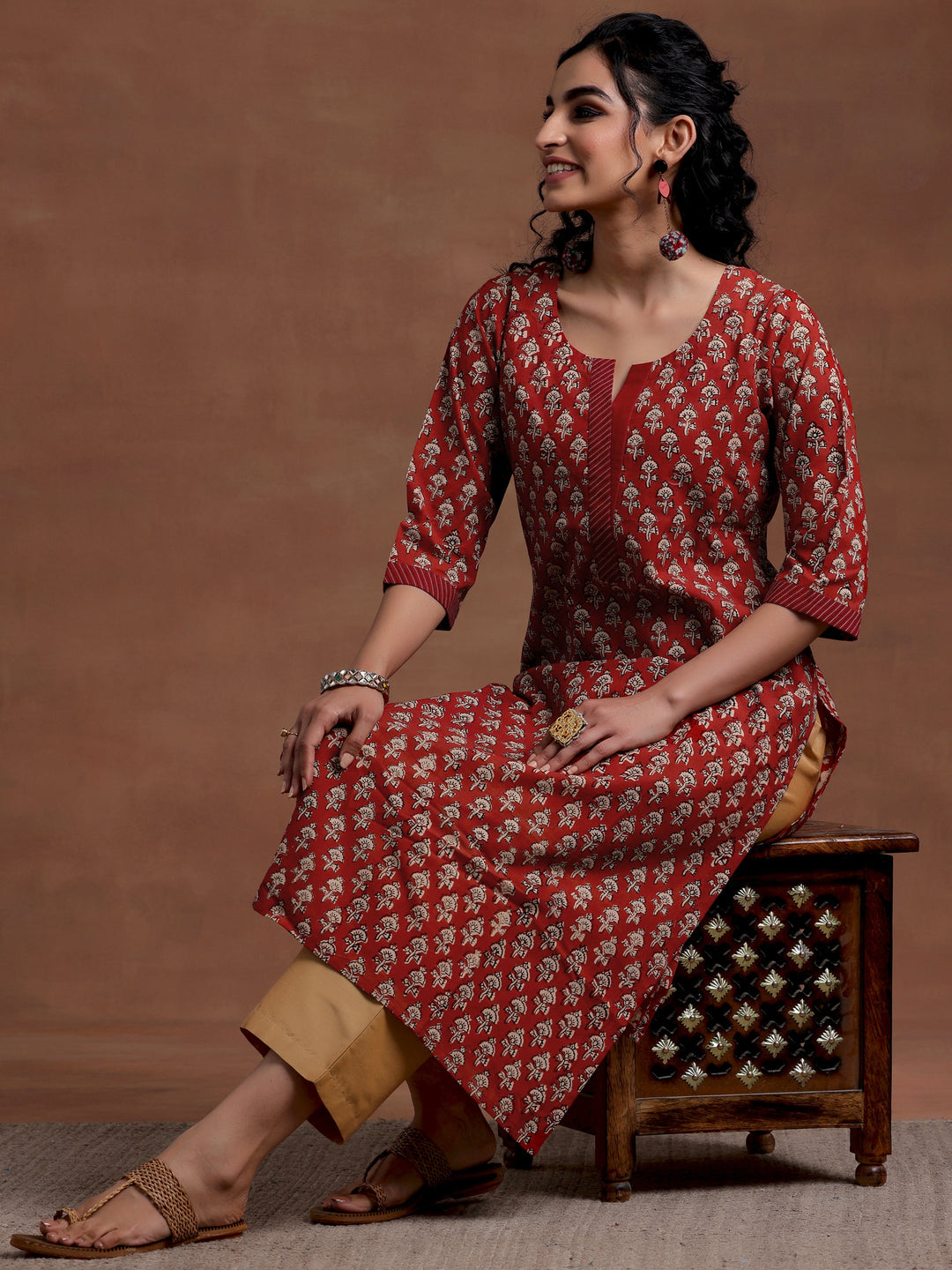 Maroon Printed Cotton Straight Kurta