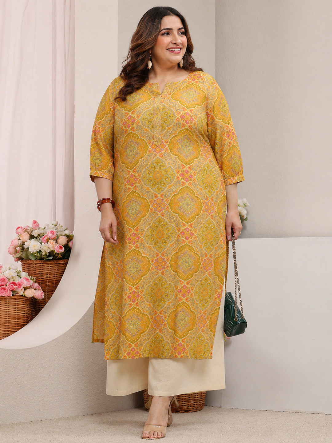 Plus Size Yellow Motif Printed Silk Blend Straight Kurta