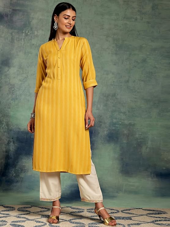 Yellow Woven Design Rayon Straight Kurta