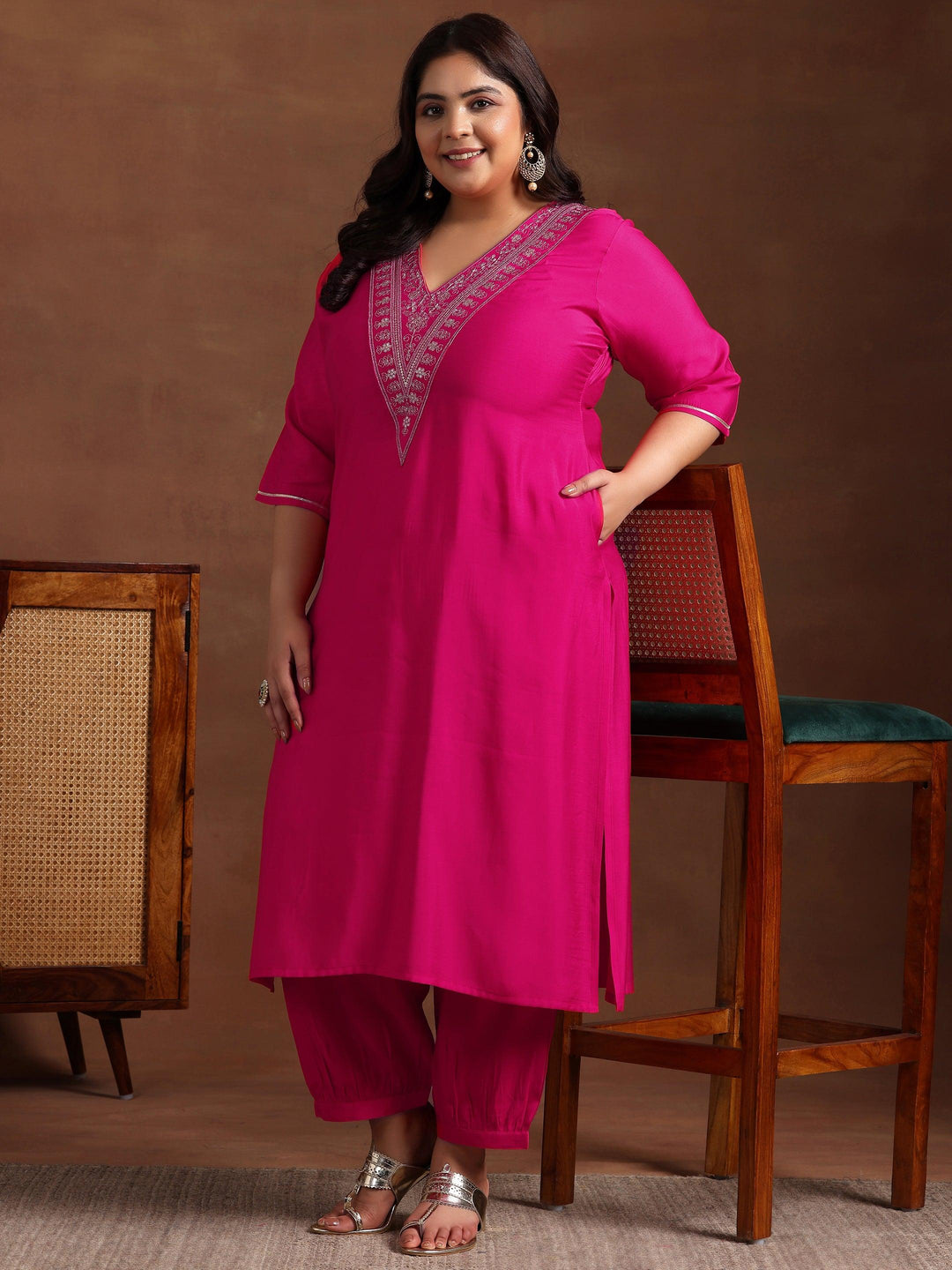 Plus Size Pink Yoke Design Silk Blend Straight Kurta Set