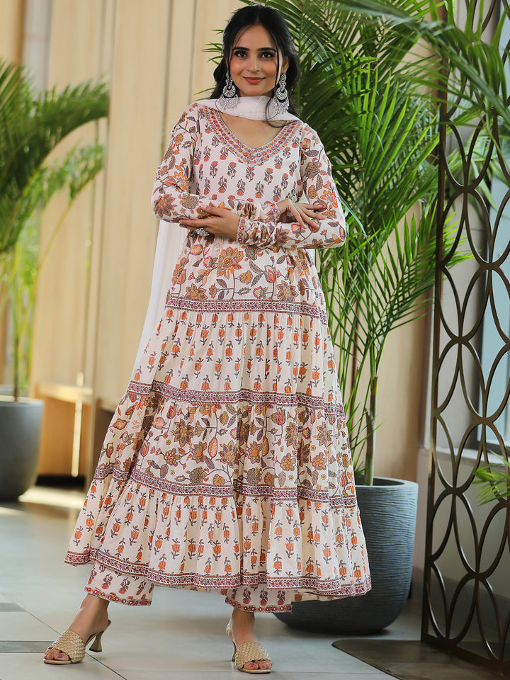 Off White Printed Cotton A-Line Kurta With Palazzos & Dupatta