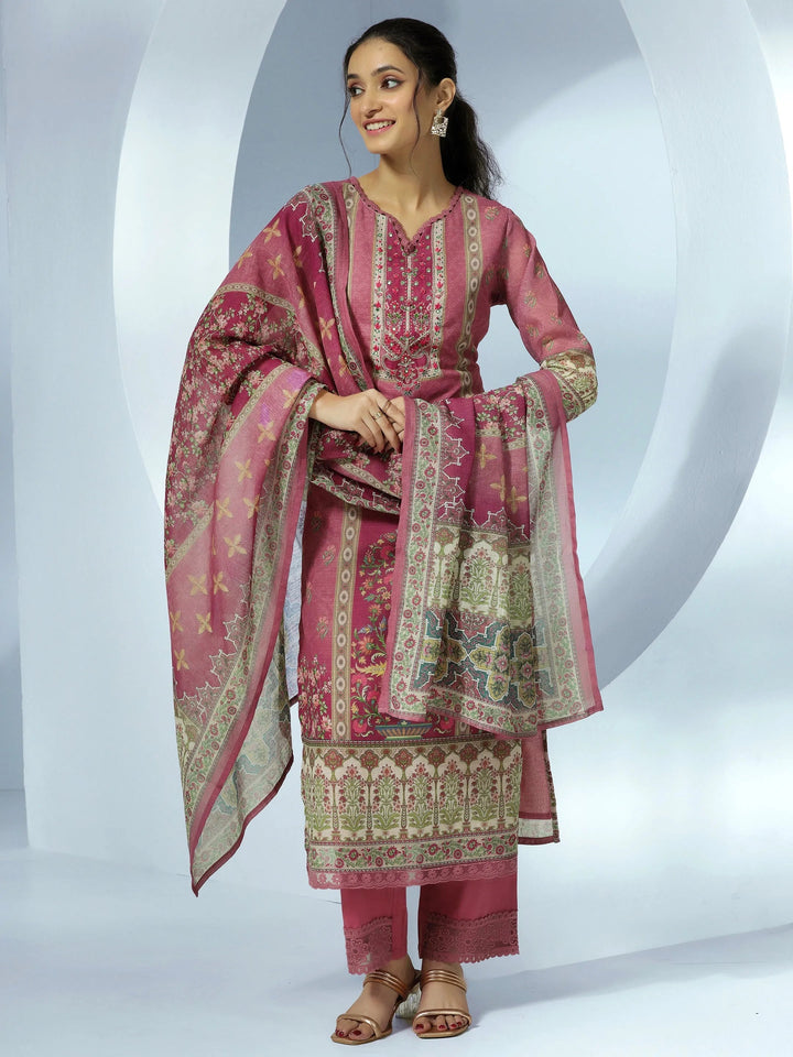 Mauve Printed Cotton Blend Straight Suit With Dupatta