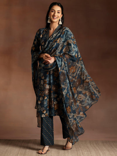 Suhaani Blue Printed Silk Blend Straight Kurta With Trousers & Dupatta - ShopLibas