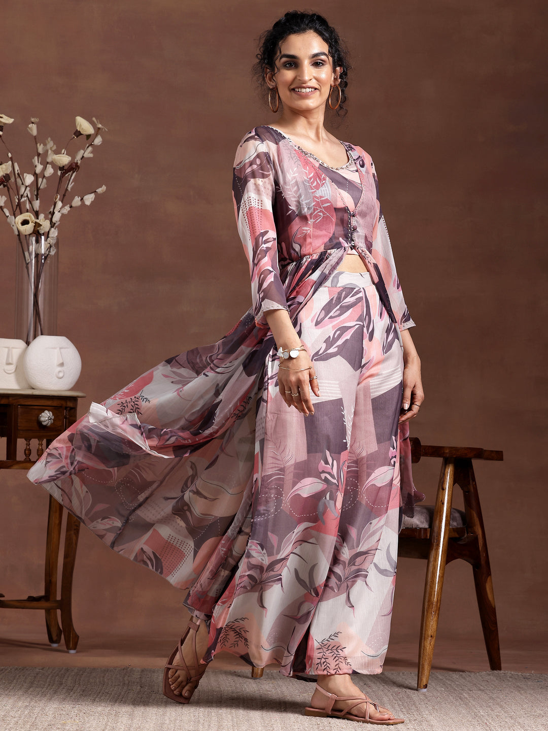 Grey Printed Chiffon 3 Piece Co-Ords