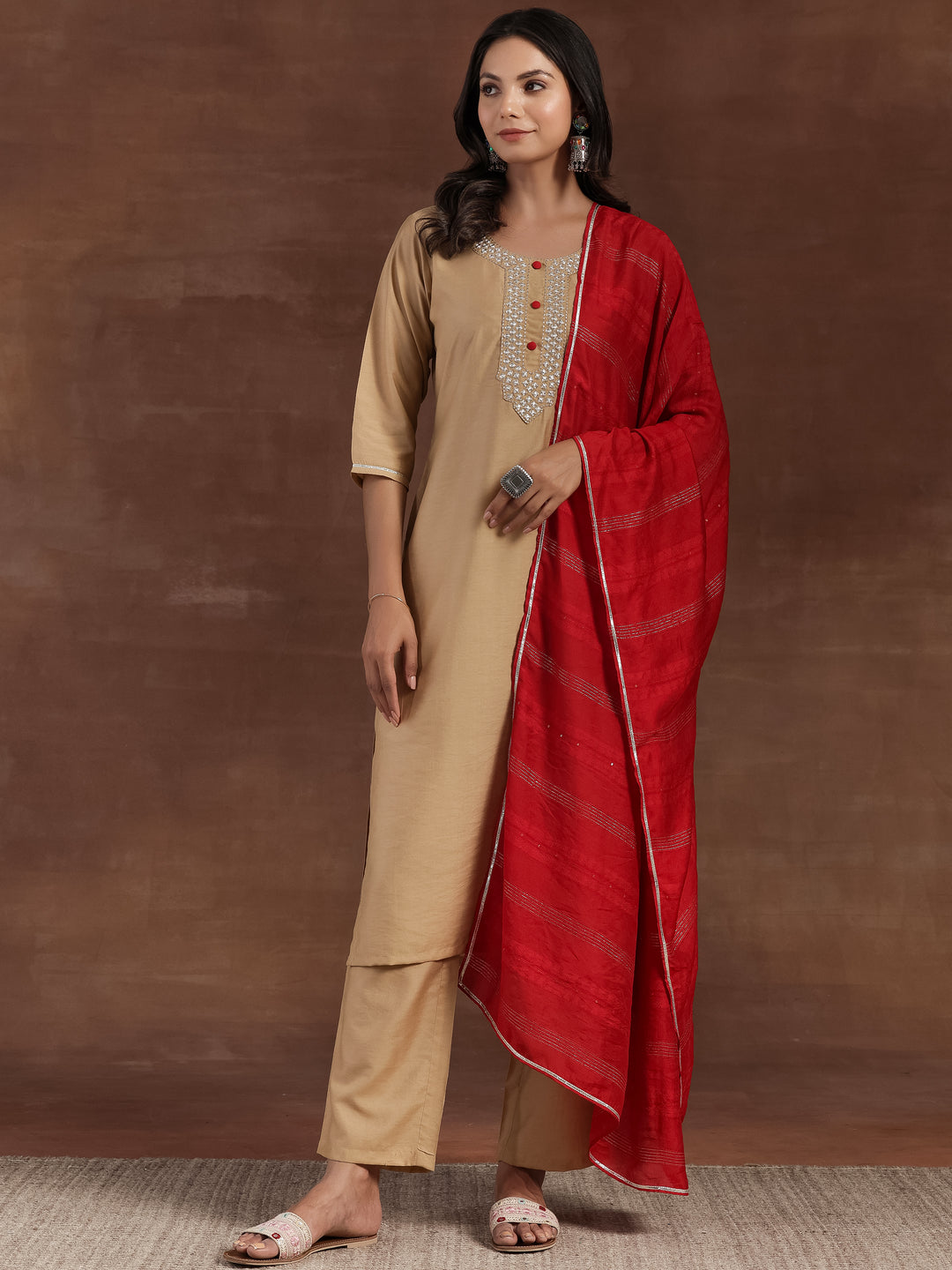 Beige Yoke Design Silk Blend Straight Kurta With Trousers & Dupatta