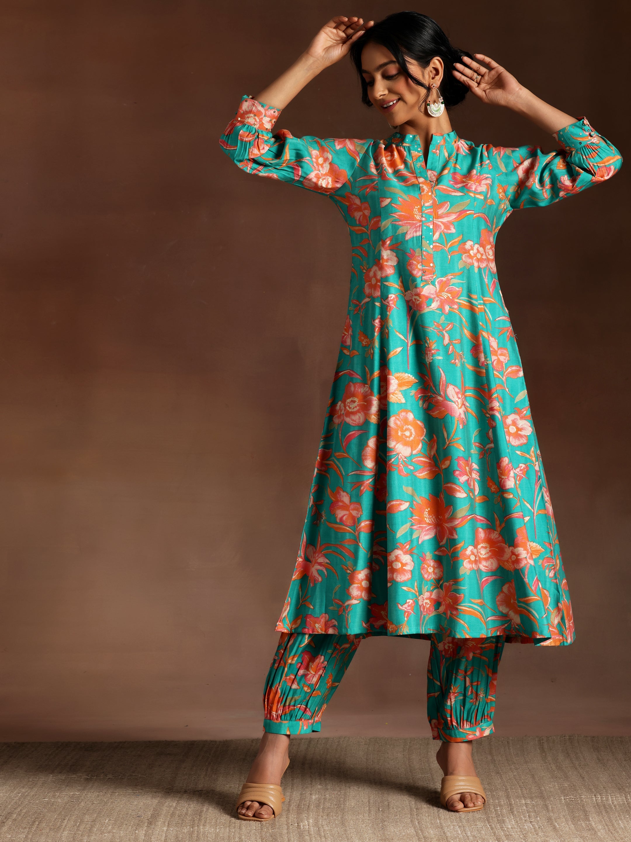 Red Printed Silk Blend Co-Ord Sets main image 1