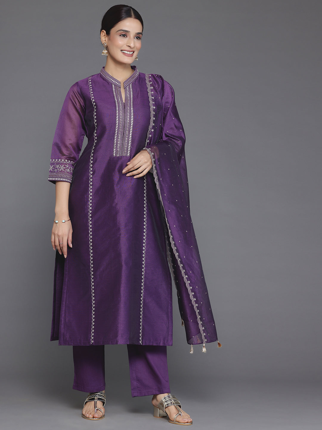Wine Embroidered Chanderi Silk Straight Suit With Dupatta