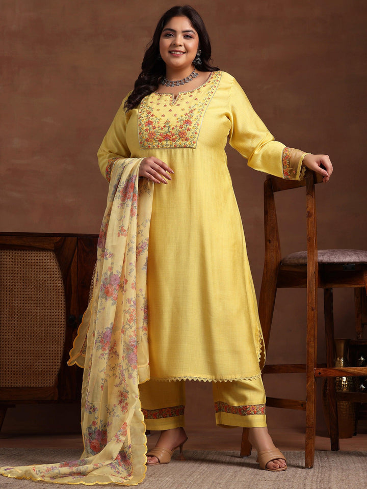 Plus Size Yellow Yoke Design Silk Blend Straight Suit With Dupatta