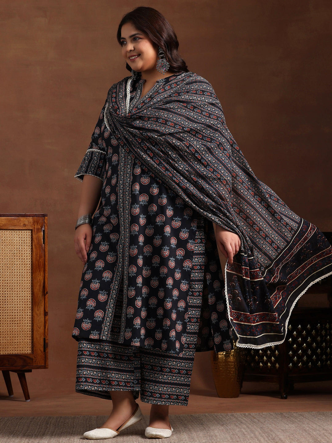 Plus Size Black Printed Cotton Straight Suit With Dupatta