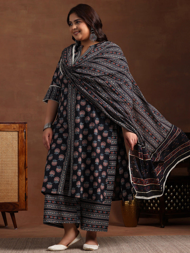 Plus Size Black Printed Cotton Straight Suit With Dupatta
