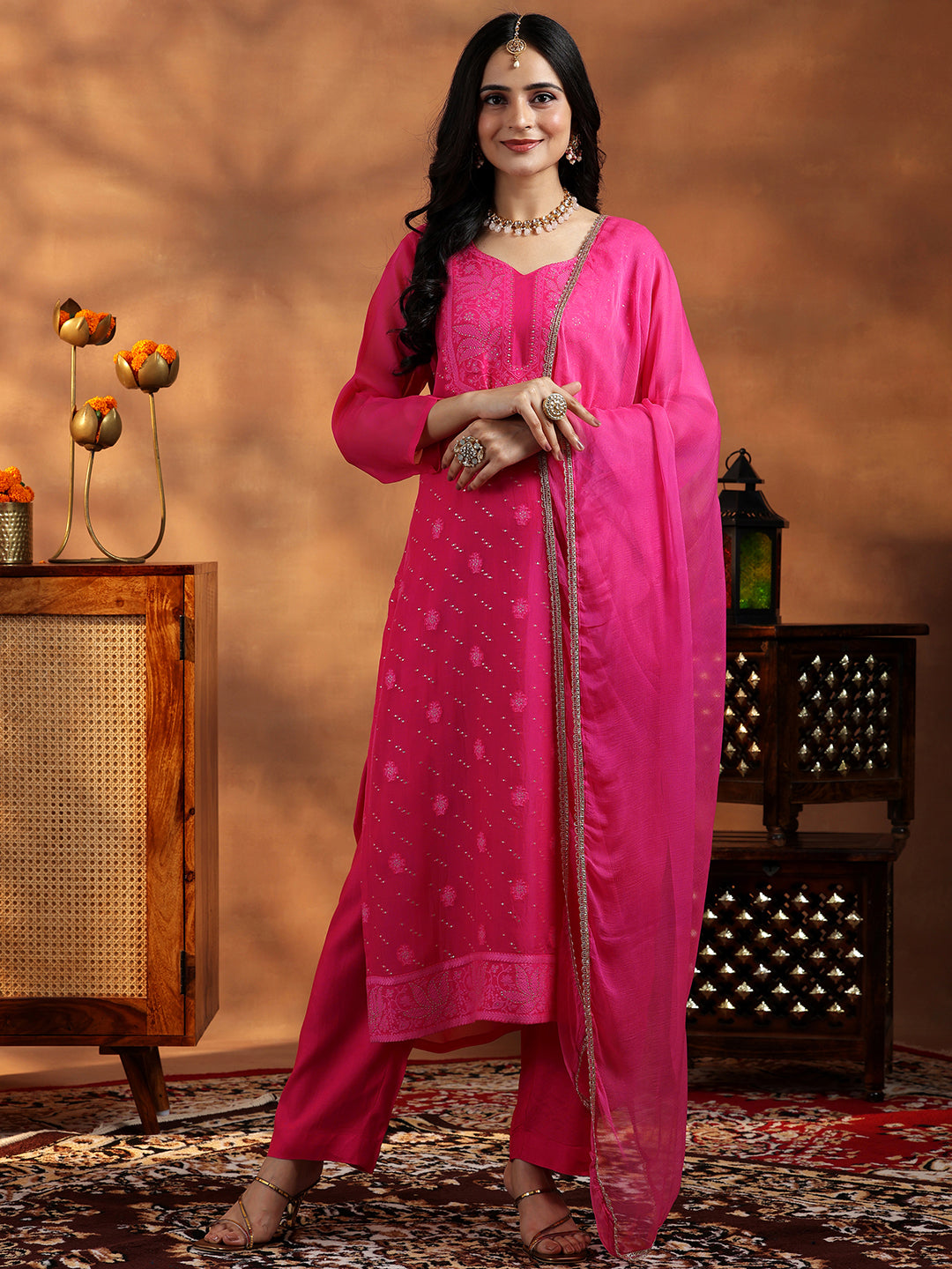 Pink Embroidered Organza Straight Suit With Dupatta