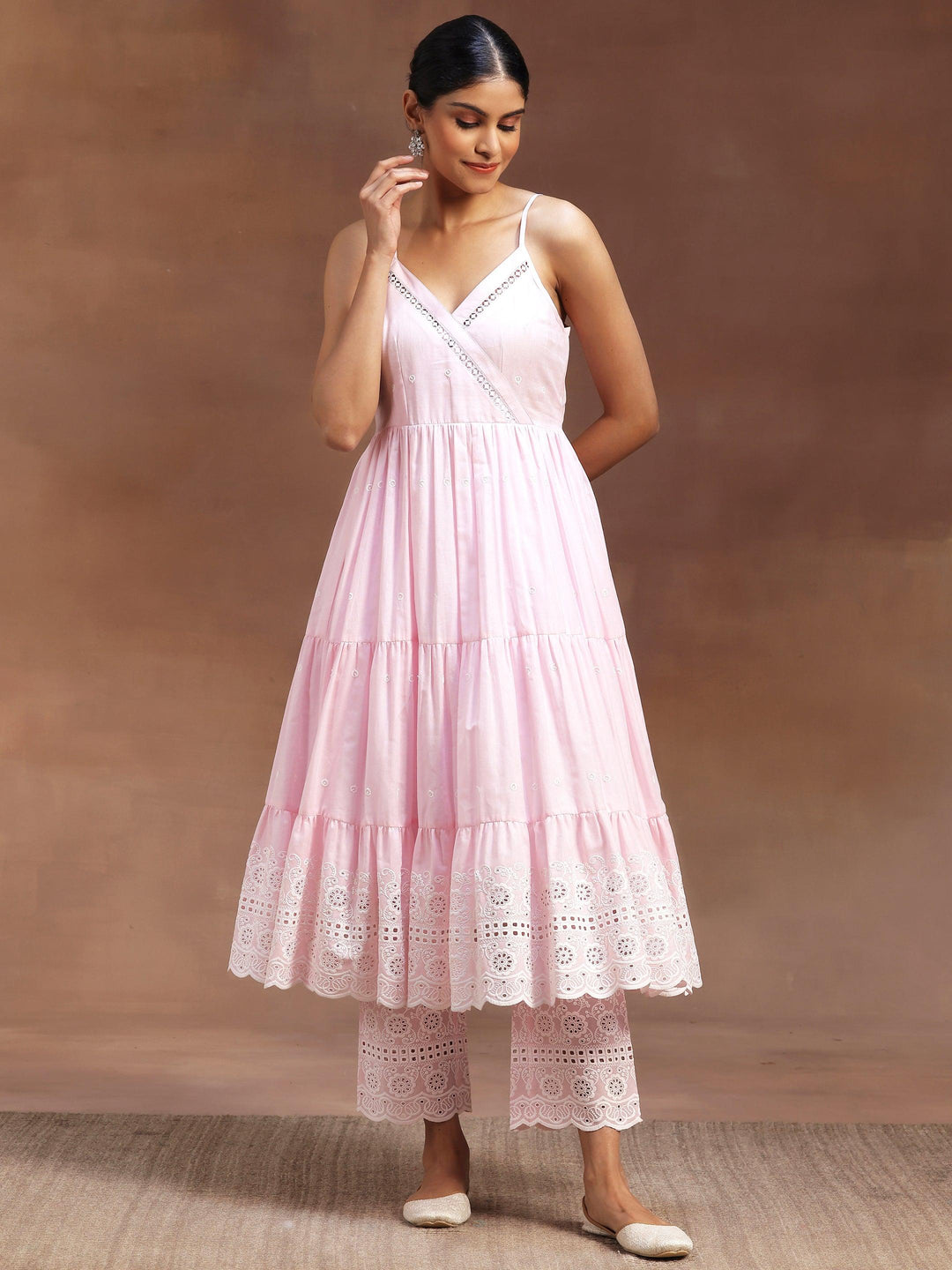 Pink Self Design Cotton Anarkali Kurta With Trousers