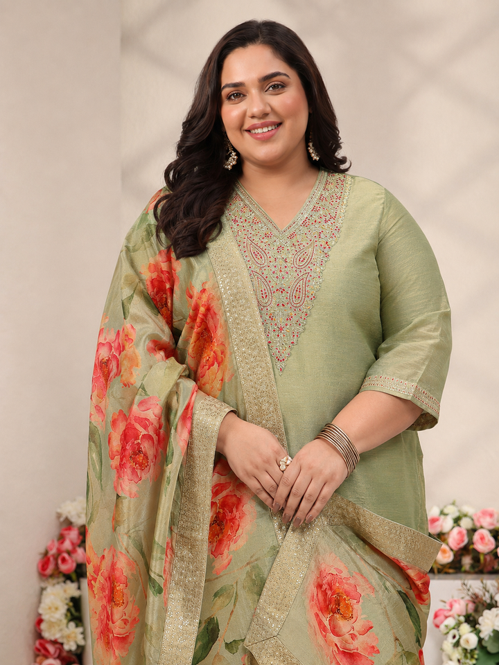Plus Size Green Floral Embroidered Silk Blend Straight Suit Set
