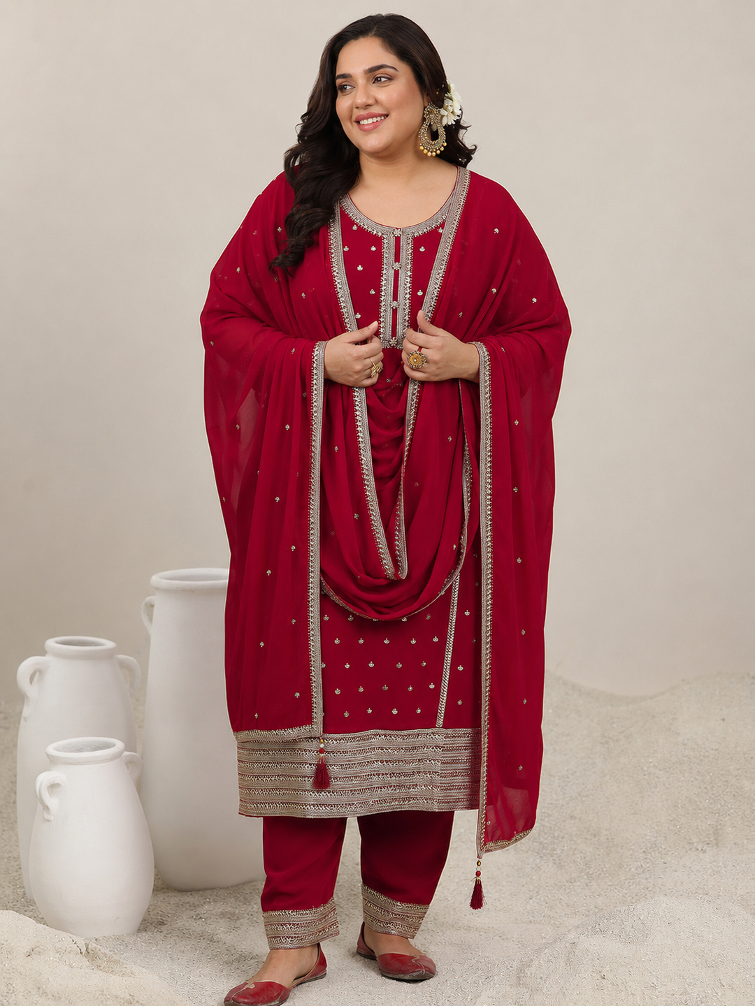 Plus Size Red Embroidered Georgette Straight Suit Set