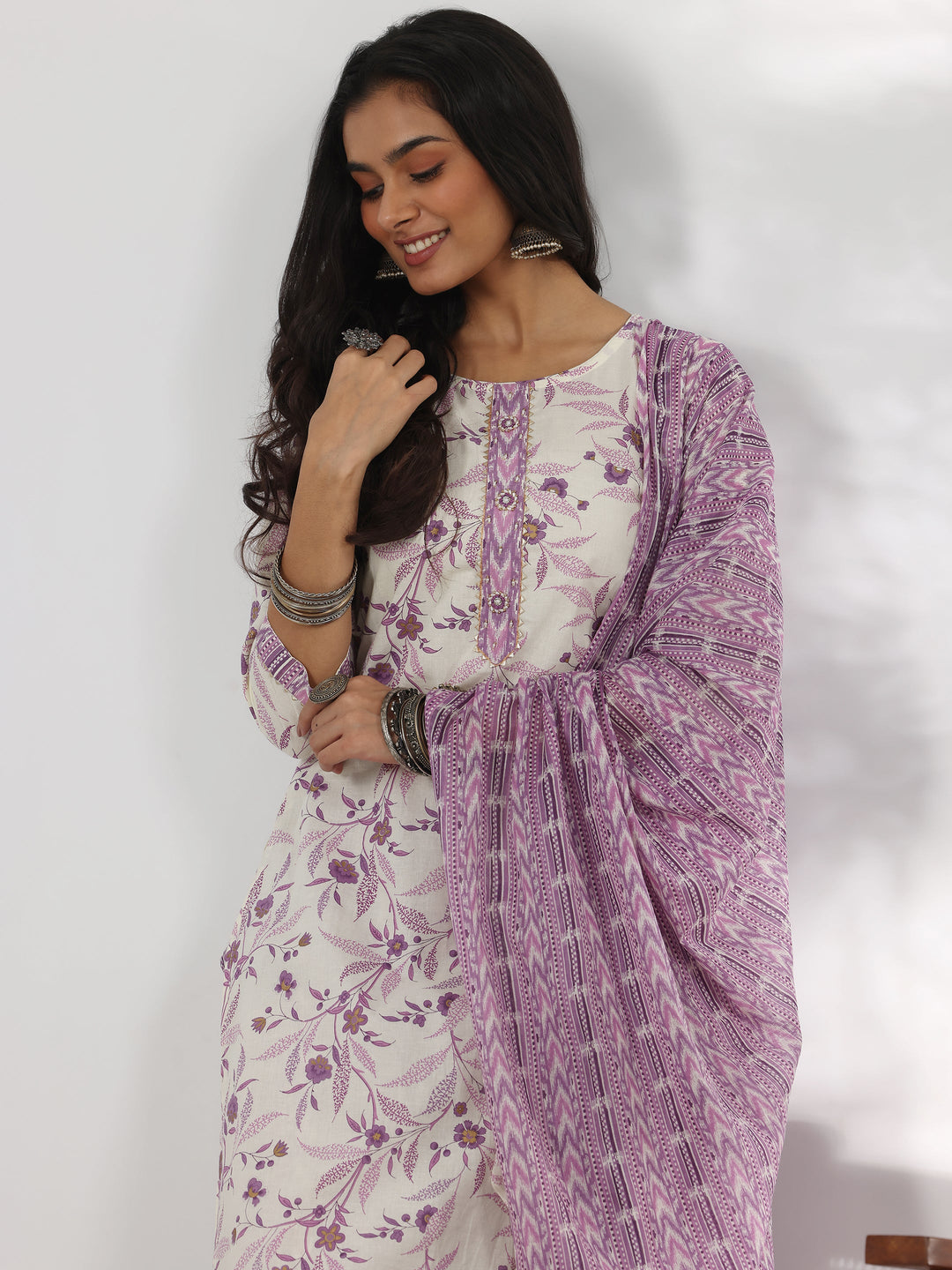 Off White Printed Cotton Straight Suit With Dupatta