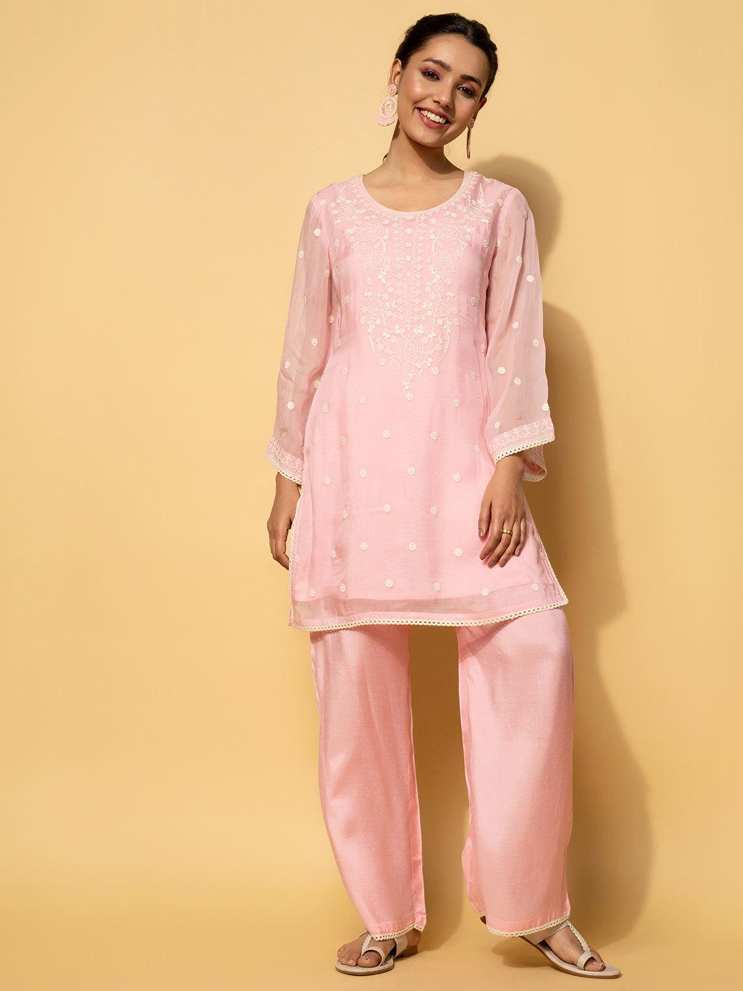 Pink Embroidered Silk Blend Co-Ords