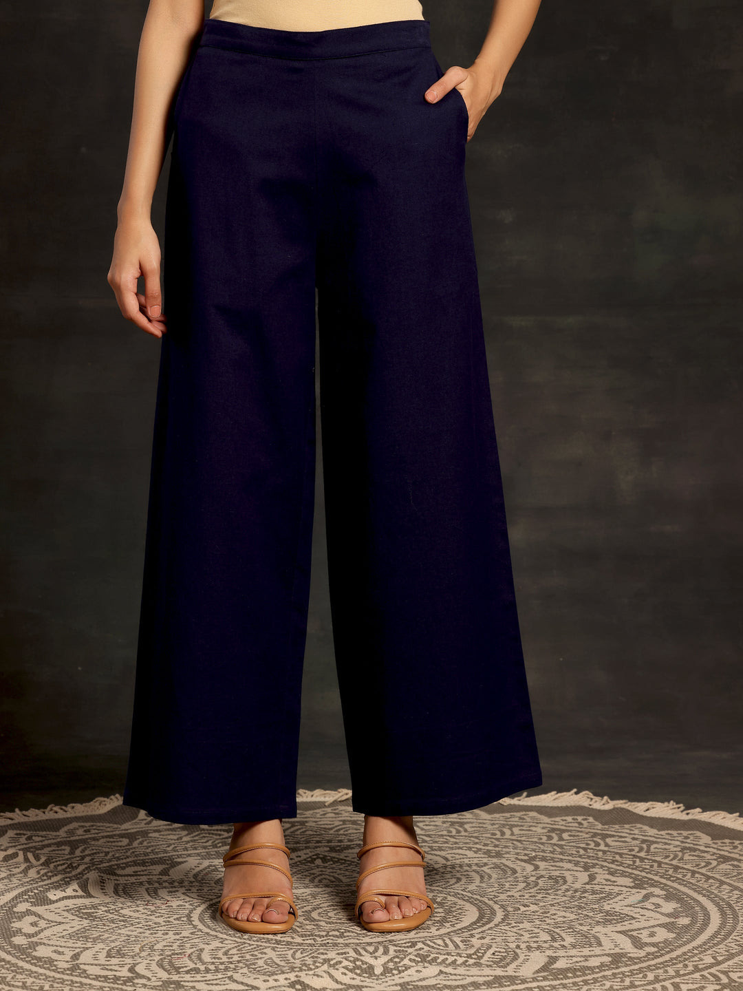 Navy Blue Solid Cotton Palazzos