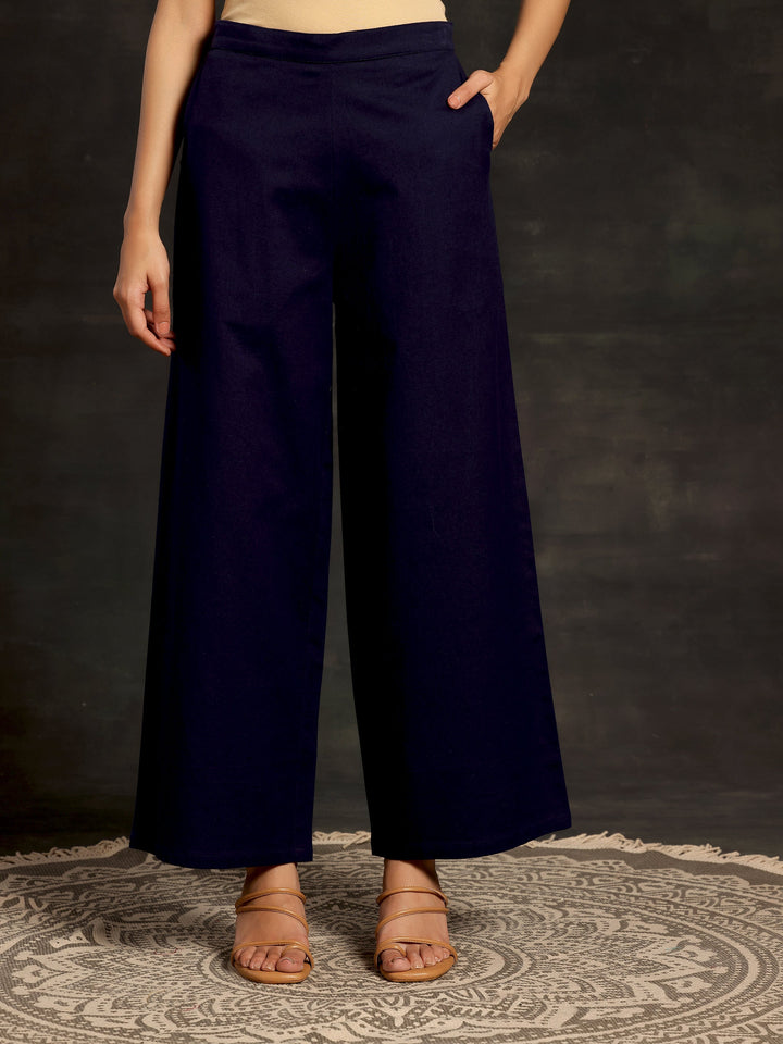 Navy Blue Solid Cotton Palazzos