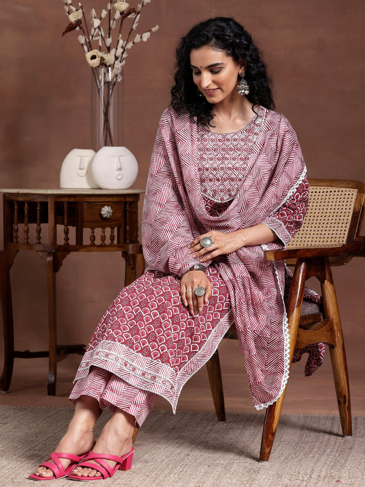 Maroon Printed Cotton Straight Suit With Dupatta