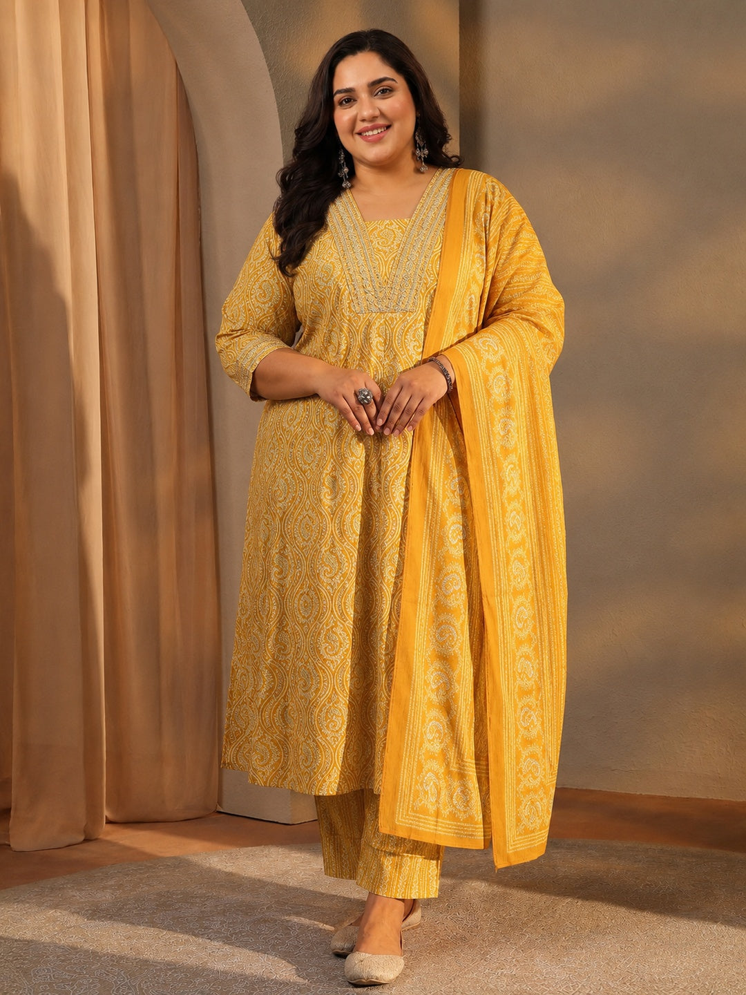 Plus Size Mustard Paisley Printed Cotton Blend Anarkali Suit Set