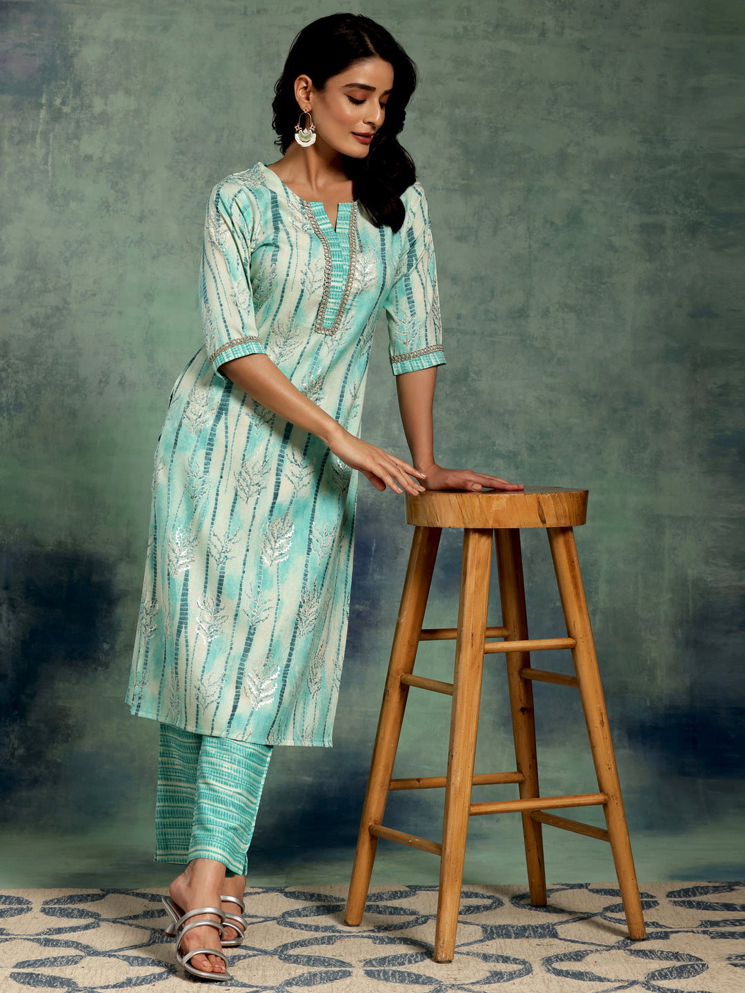 Blue Printed Rayon Straight Kurta Set