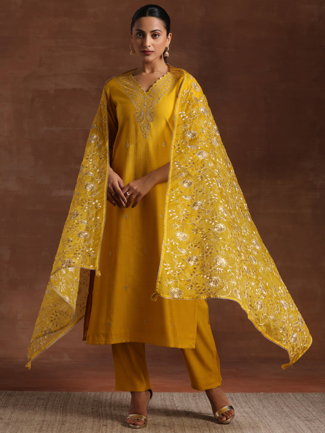 Mustard Embroidered Silk Blend  Straight Suit Set With Dupatta