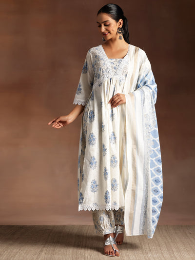 Falak White Printed Cotton A-Line Kurta With Salwar & Dupatta
