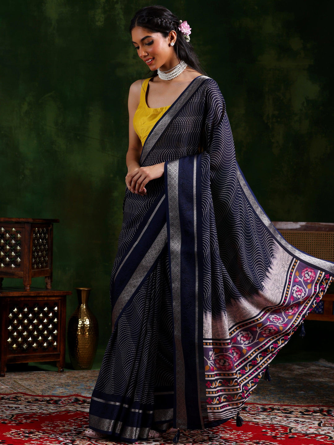 Blue Printed Silk Blend Saree With Unstitched Blouse Piece - Libas