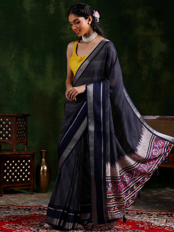 Blue Printed Silk Blend Saree With Unstitched Blouse Piece - Libas