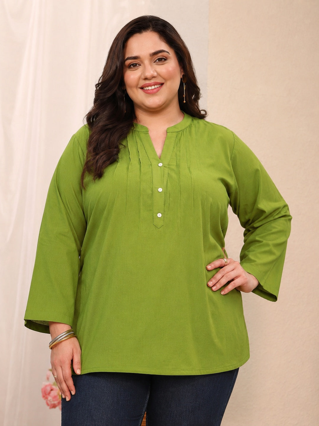 Plus Size Green Solid Cotton Blend Straight Short Kurti